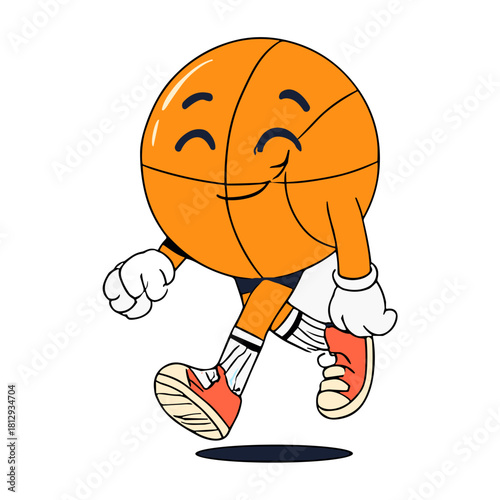 A smiling basketball character walking cheerfully forward