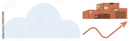 Cloud graphic, stacked boxes suggesting storage, upward trending arrow signifying growth. Ideal for data management, cloud storage, logistics, inventory, analytics, business scalability digital