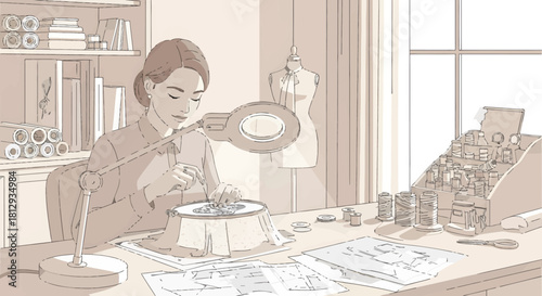 Vintage illustration of a woman doing embroidery under a magnifying lamp in a sewing room