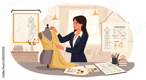 Fashion designer working on a yellow dress design in her creative studio
