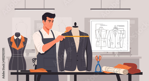 Illustrative Tailor at Work: Crafting Custom Apparel in a Fashion Studio