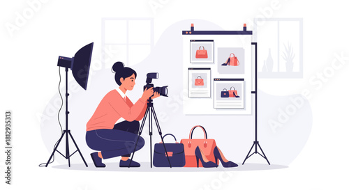 Illustrative depiction of a female photographer in her studio for online fashion