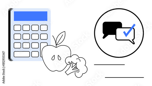 Calculator beside apple and broccoli, speech bubbles with check mark. Ideal for nutrition, planning, dieting, education, wellness, productivity consulting themes. Modern flat metaphor