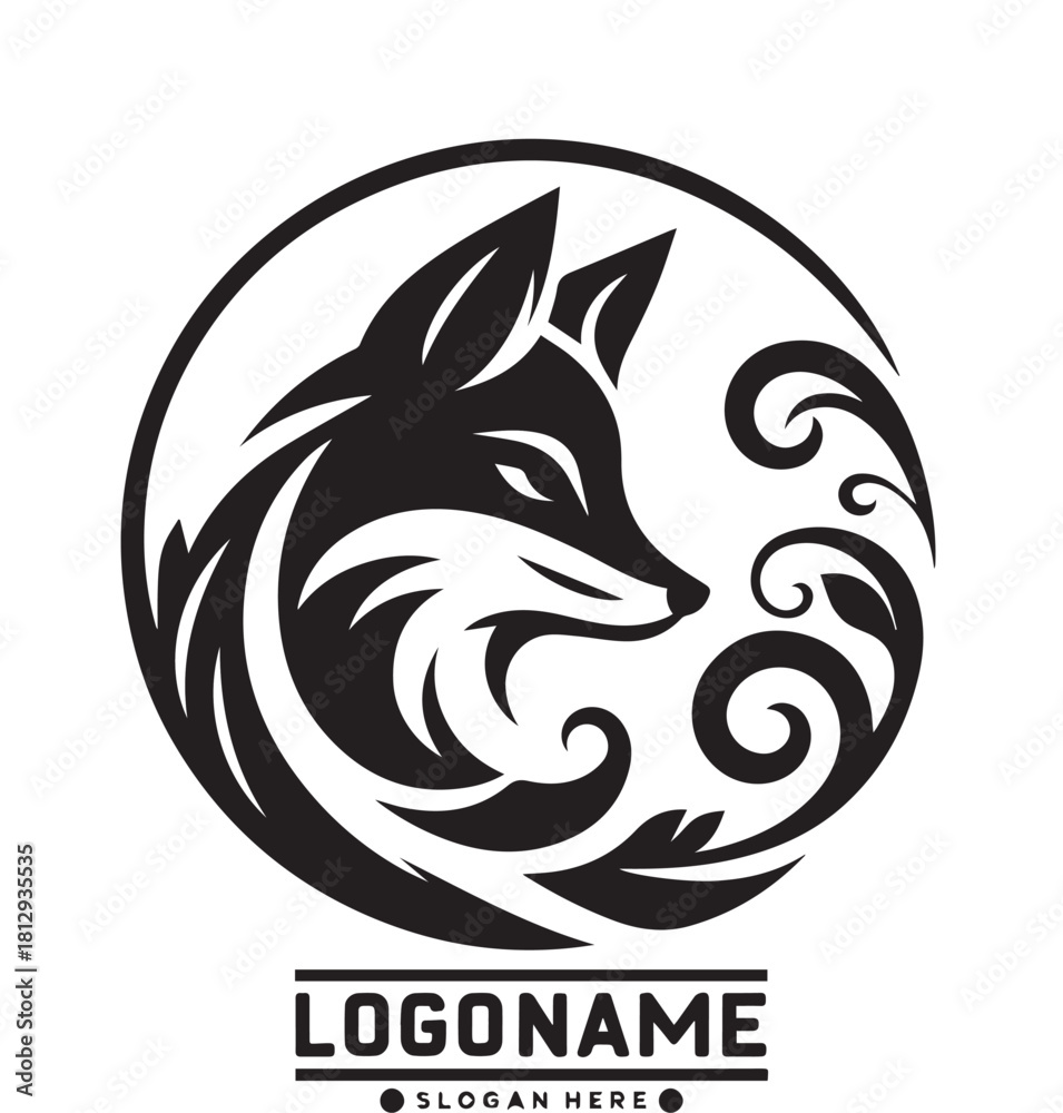 Fototapeta premium A black and white circular logo featuring a stylized fox head in side profile, surrounded by ornamental, flowing leaf or fur patterns.