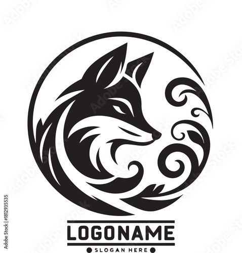 A black and white circular logo featuring a stylized fox head in side profile, surrounded by ornamental, flowing leaf or fur patterns.