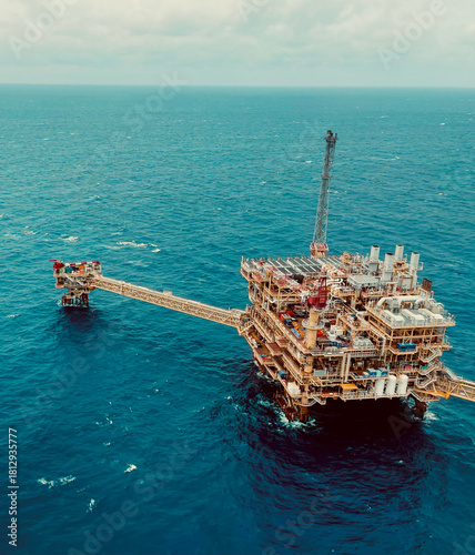 Offshore Oil and Gas Production Platform in the Sea with Blue Sky