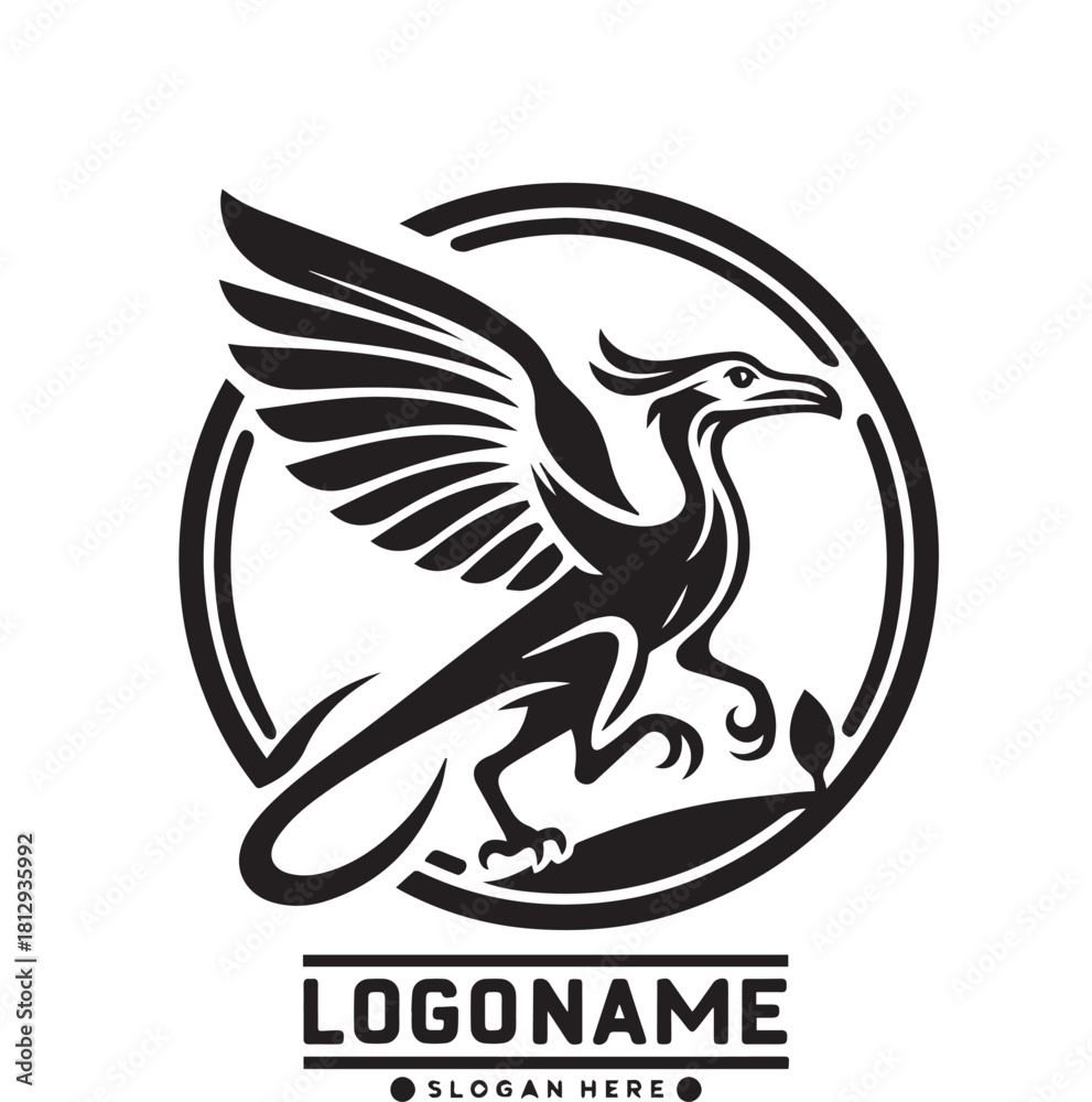 Obraz premium A black and white circular logo featuring the silhouette of a winged, mythological creature, resembling a griffin or phoenix, contained within a double-lined circle outline.