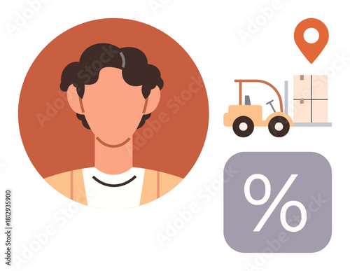 Profile outline of a worker, forklift carrying pallets, location pin, and percentage icon. Ideal for logistics, supply chain, delivery, discount concepts, market analysis shipping efficiency