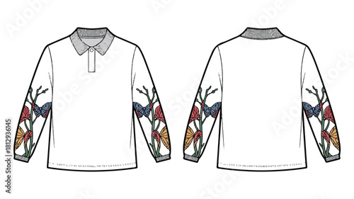 A detailed technical fashion illustration of a white garment with intricate design elements and a clean background