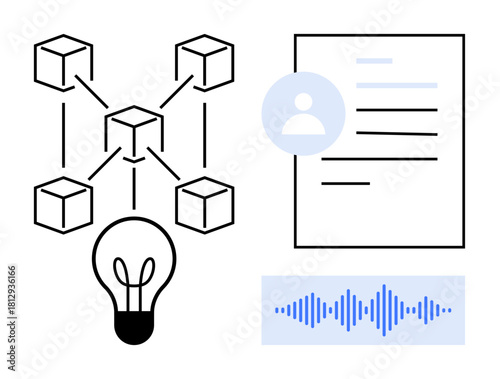 Blockchain diagram, user document with profile icon, sound wave, and light bulb symbolize technology, communication, data, innovation, creativity research digital solutions. Simple flat metaphor