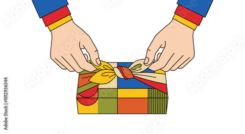 Hands unwrapping a colorful gift box for Christmas and New Year  