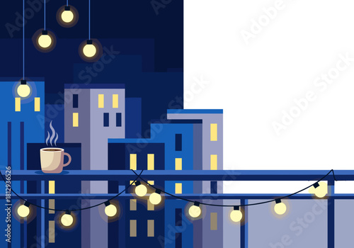 Urban balcony with warm lights and steaming mug in nighttime cityscape  