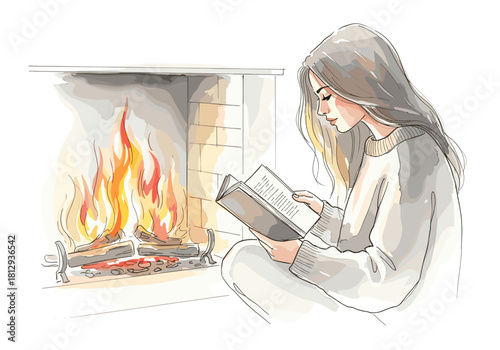 Young woman sitting by fireplace and reading a book at home - Concept of Christmas and New Year  