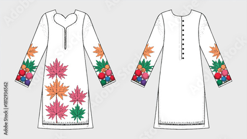 Technical fashion illustration showcasing garment design with detailed technical specifications and color palettes