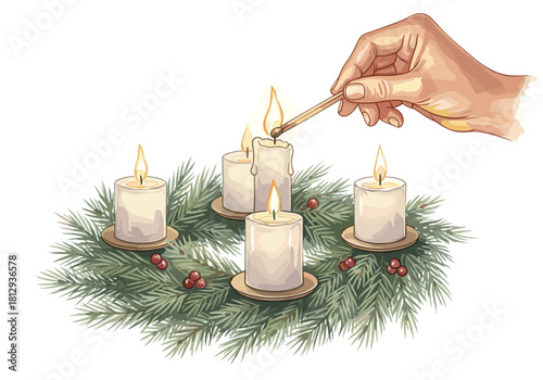 Hand lighting advent candles on festive wreath for Christmas and New Year  