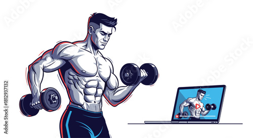 Get Fit Now: Man Lifting Weights While Watching Online Workout Video on Laptop Perfect for Fitness Health and Motivation Content, Generative AI.