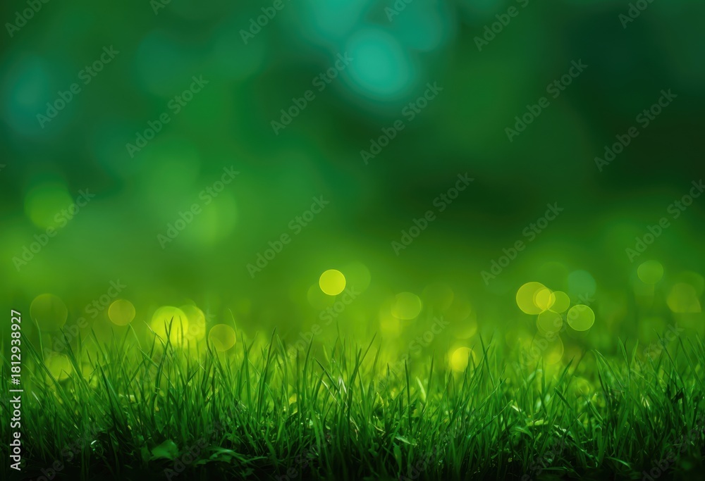 Fototapeta premium Fresh green grass meadow with dreamy bokeh light effects and soft natural background for nature designs
