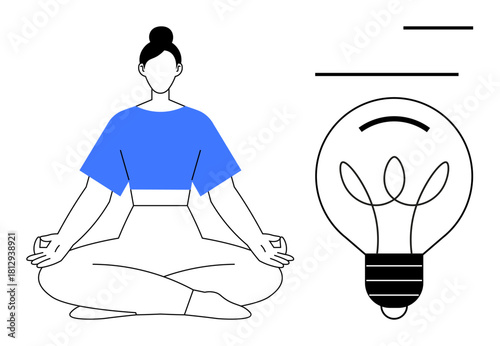 Woman meditating cross-legged with light bulb symbolizing creativity, focus, and calmness. Ideal for mindfulness, meditation, creativity, self-care, innovation balance mental health. Simple flat