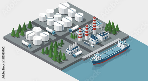 Isometric illustration of an industrial complex with storage tanks, factory buildings, trucks, and a cargo ship docked on the water.