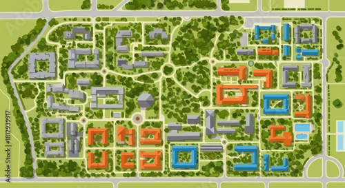 Aerial view illustration of a city plan with buildings, roads, green spaces, and a circular roundabout. The buildings are colored in gray, orange, and blue.
