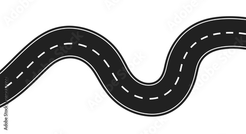 A winding black road with dashed white lines down the center, depicted against a plain white background.