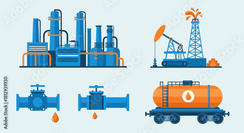 Illustration depicting oil industry elements: refinery, pumpjack, pipeline valves, and a tank car, all in a stylized, flat design with blue and orange color scheme.