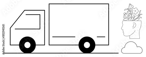 Delivery truck alongside head with sprouting flowers and cloud symbolizing nature, growth, ideas, innovation, logistics, sustainability, and connection in a simple flat metaphor