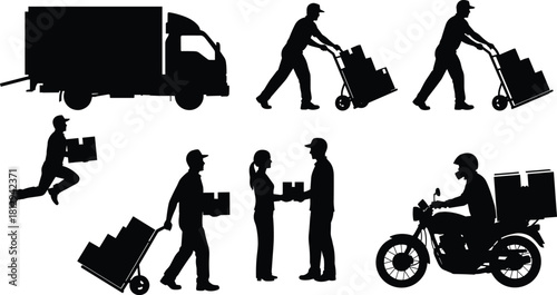 Collection of delivery service silhouettes showing workers carrying boxes, using hand trucks, and transporting packages via truck and motorcycle for logistics and shipping designs, isolated on white.