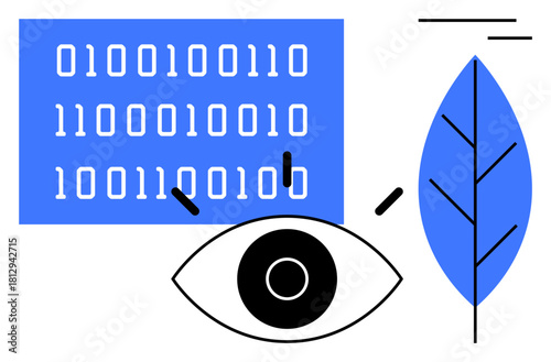 Binary code, an eye symbol, and a stylized leaf combine contrasting themes of technology, observation, and eco-consciousness. Ideal for data analysis, innovation, tech ecology, artificial