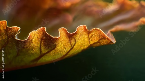 Macro shot of backlit leaf showing glowing edges and detailed organic veins ideal for botanical or nature design