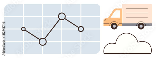 Line graph over grid, delivery truck, and cloud graphic illustrating data-driven logistics, analytics, cloud computing, delivery management, supply chains, business strategy, simple flat metaphor
