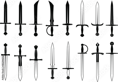 Collection of various historical swords and daggers silhouettes, featuring different blades, handles, and crossguards, perfect for medieval, fantasy, and ancient 