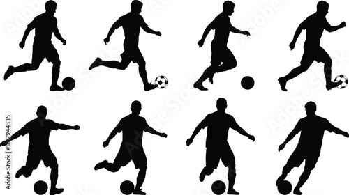 Collection of soccer players silhouettes in various dynamic poses, dribbling, running, and kicking the football, ideal for sports, competition, and athletic activity designs, isolated on white.