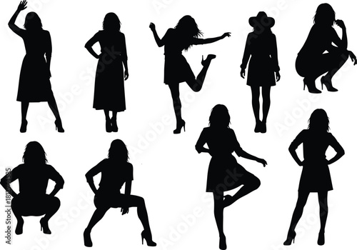 Collection of young fashionable women and female models silhouette in diverse dynamic poses, including standing, dancing, and squatting, for lifestyle and fashion design concepts, isolated on white.