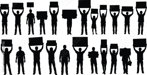 Crowd of protesters and demonstrators silhouettes holding blank signs and banners overhead, symbolizing protest, activism, social movement, and public demonstration concepts, isolated on white.
