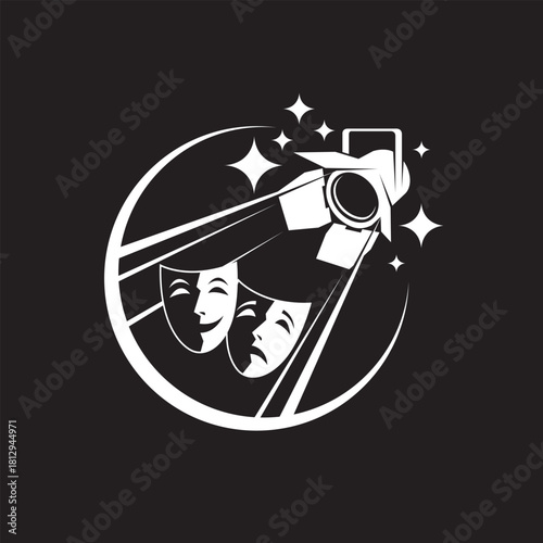 icon of comedy and tragedy theatrical masks with spotlight isolated on black background
