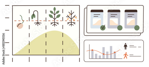 Botanical growth represented by sprouting seeds to harvest-ready plants, analytical charts tracking development, and graphical progress reports. Ideal for agriculture, biology, timeline, research