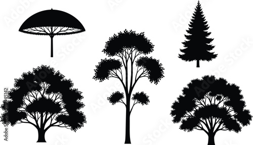 Deciduous and Coniferous Tree Silhouettes Vector Illustration Set, Different Shaped Foliage, Pine, and Tropical Canopy Trees, Nature, Ecology, and Landscape Graphic Elements, Isolated on White.