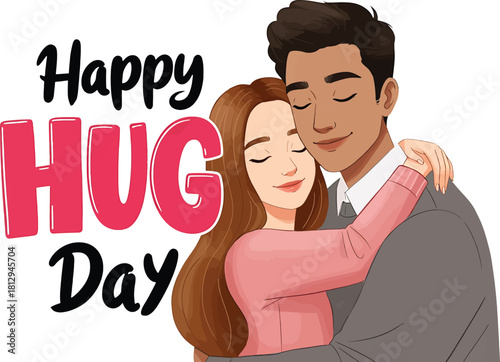 Couple Embracing Tightly with Eyes Closed and Happy Hug Day Text Keywords: hug day, happy hug day, couple, embrace, hug, love, affection, relationship