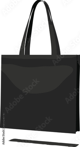 Black blank empty tote bag vector illustration, template for mockup design, reusable shopping bag, promotional merchandise, fashion accessory, and eco-friendly consumerism concepts on white.