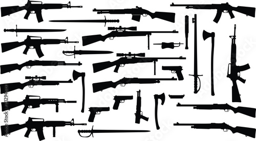 Diverse collection of weapon silhouettes vector illustration, featuring assault rifles, pistols, shotguns, swords, daggers, axes, and firearms set for military, crime, and security design elements.