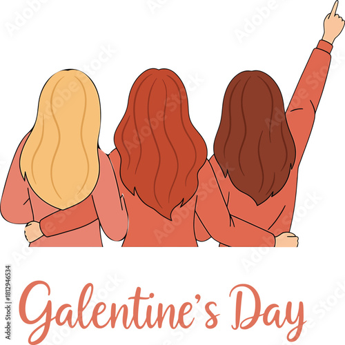 Galentines Day Three Women Hugging Arms Raised Back View Vector friends friendship