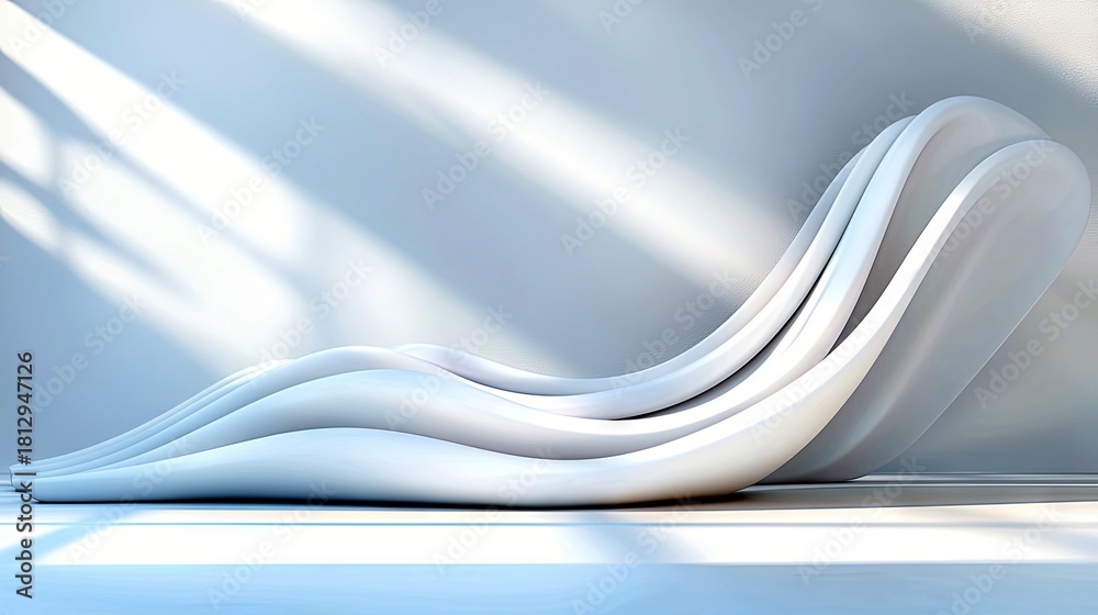 Obraz premium A modern, abstract white sculptural chaise lounge with flowing curves, bathed in soft light and shadow.