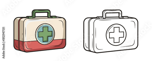 Cartoon vector illustration of a vintage first aid kit in white and red colors with a green cross symbol