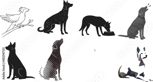 Collection of stylized dog and bird illustrations vector set, featuring halftone, grunge, abstract, and polygonal styles in eating, sitting, and barking poses for pet and animal concepts.