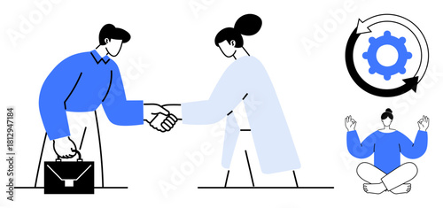 Business professionals shaking hands, gear in a circular arrow symbolizing process improvement, individual meditating peacefully. Ideal for cooperation, productivity, self-care, workflow