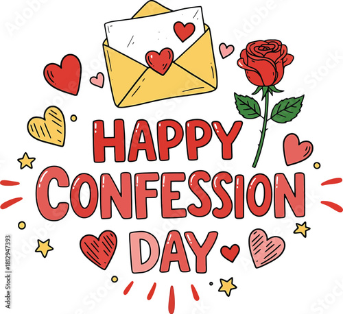 Happy Confession Day Envelope Rose Hearts Stars Illustration letter