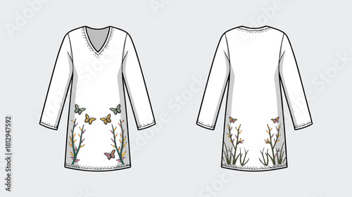 Technical fashion illustration of a white garment with detailed design elements and color accents