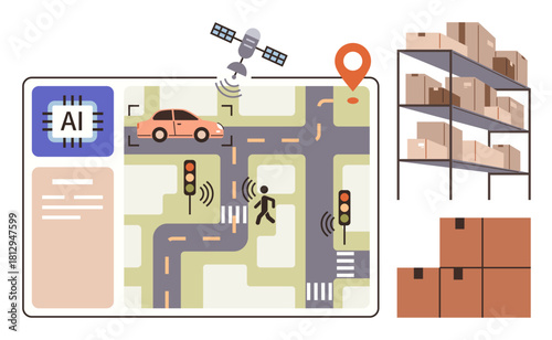 Autonomous navigation using AI traffic sensors, satellite tracking, and pedestrian detection next to a warehouse with stacked shelves and boxes. Ideal for logistics, AI, automation, transportation