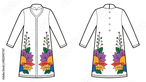 A detailed technical fashion illustration of a stylish white garment with intricate design elements and vibrant color accents